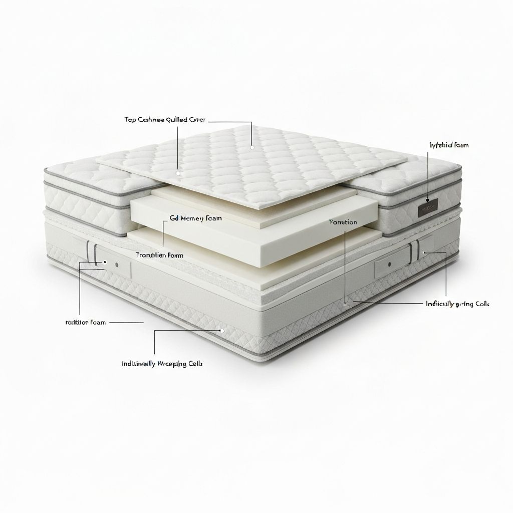 DreamCloud mattress layers cross-section diagram showing cashmere cover, gel memory foam, transition foam, individually wrapped coils and base foam